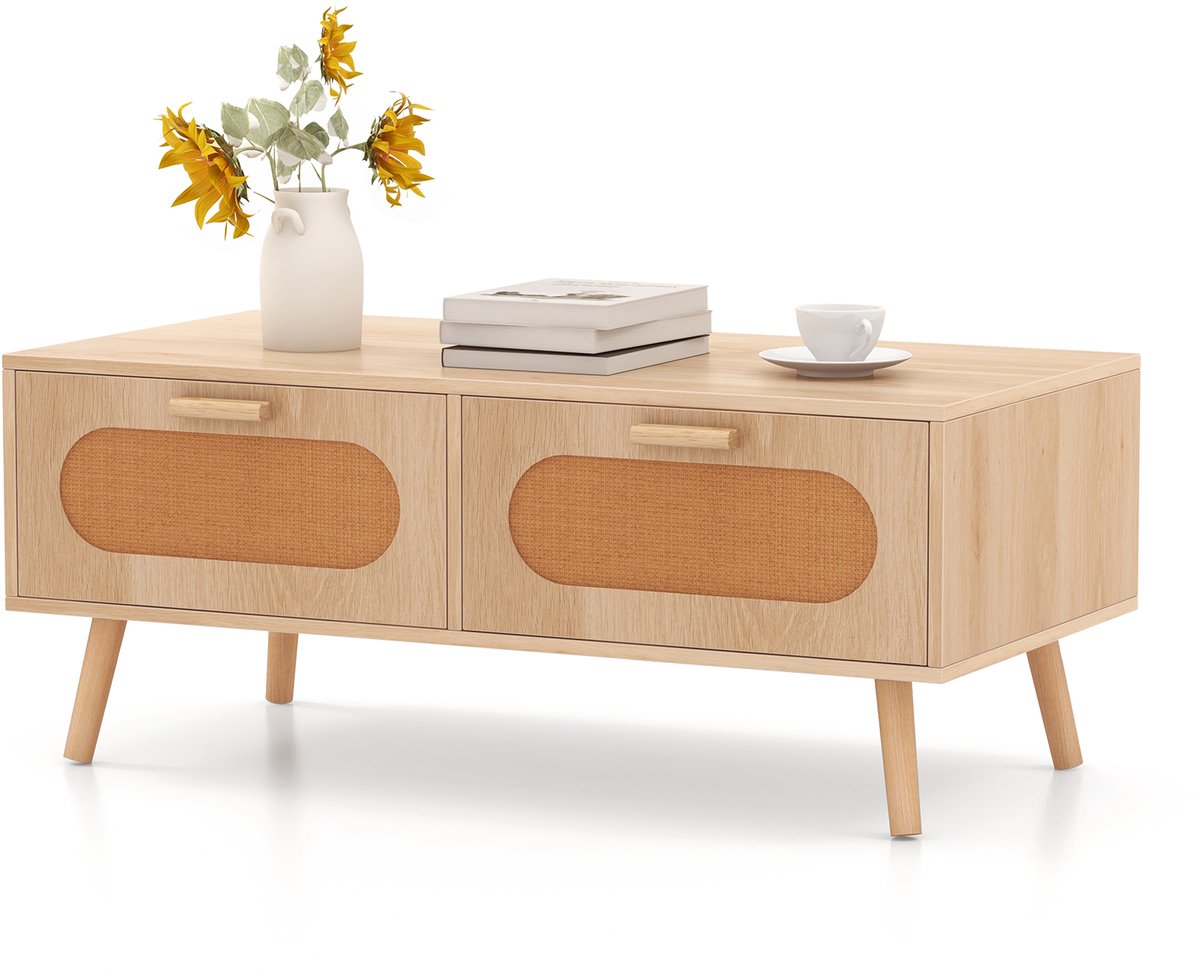 Costway Salontafel rotan, woonkamertafel met 2 laden en achtervak, koffietafel met massieve houten poten, bijzettafel, modern, voor woonkamer, slaapkamer, 100 x 50 x 41 cm, naturel