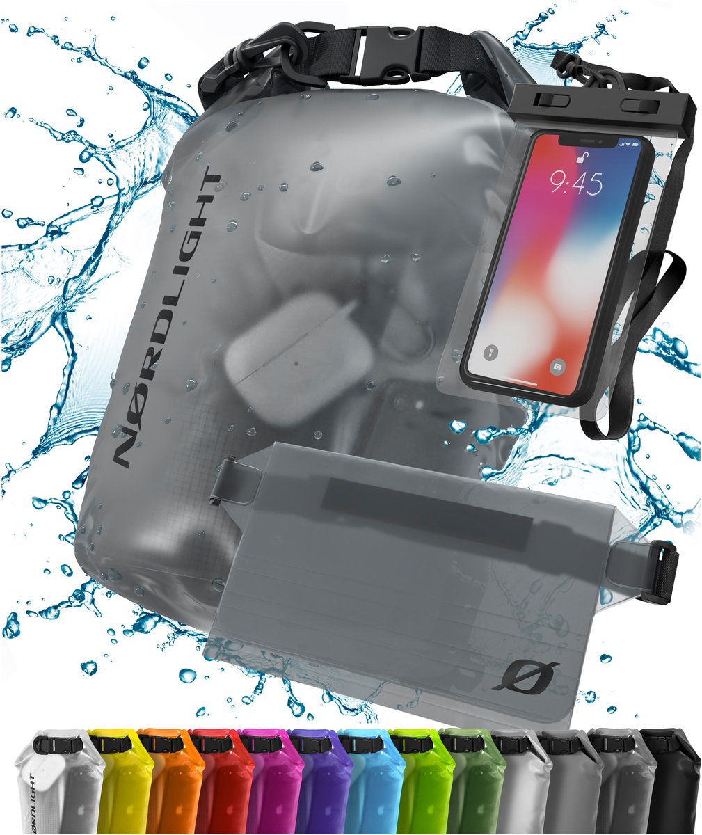 NORDLIGHT Waterdichte Dry Bag met telefoonzak en heuptas - (10L, Antraciet Mat) Waterdichte droge zak met rolsluiting | Zwemmen, varen, strand, staand peddelen