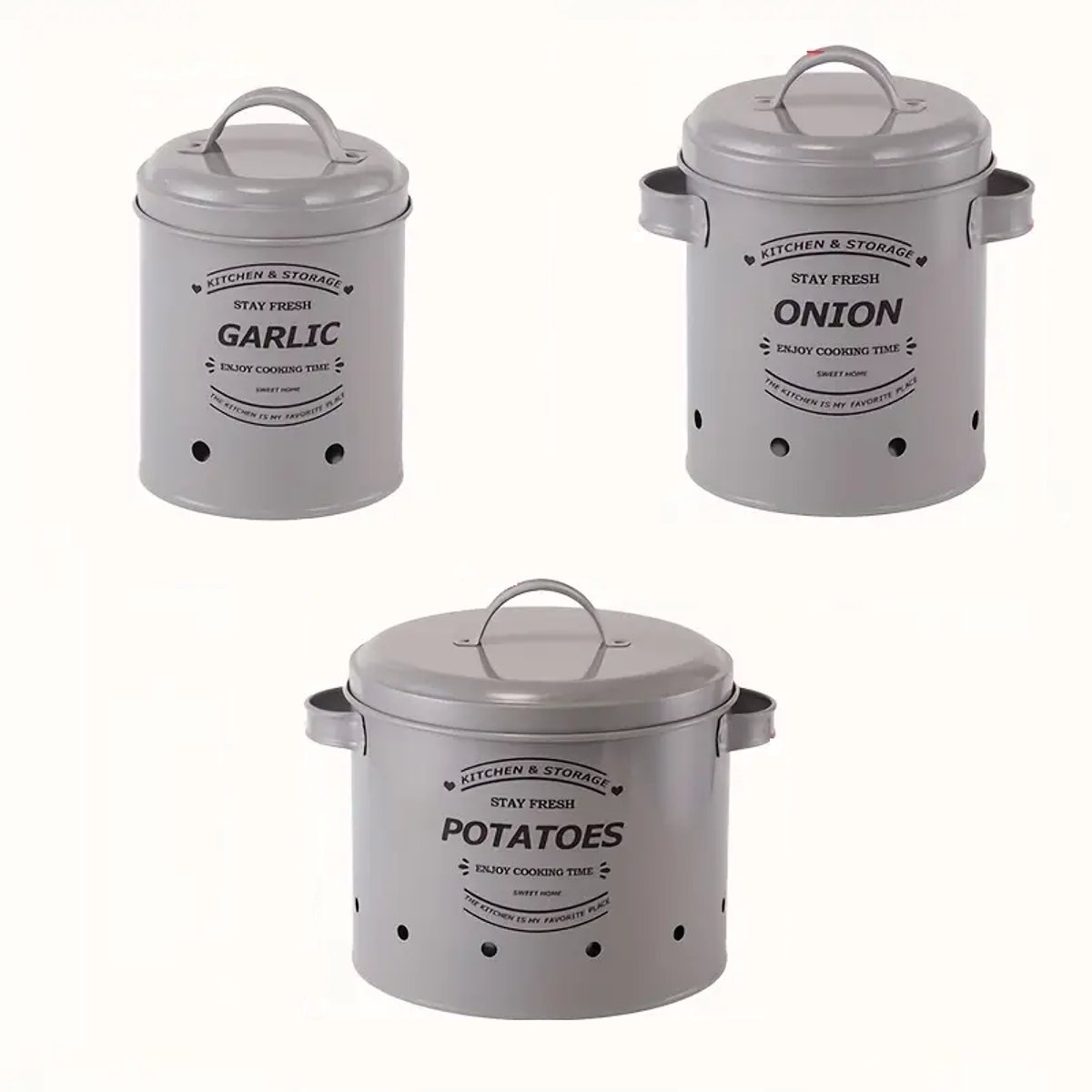 Dutchers.® Uienpot en Knoflookpot - Set van 3 - Knoflookpot - Uienpot - Aardappelpotten - Voorraadpotten - Aardappel Bewaarpot - Uienpot Bewaarpot - Uien Bewaarpot - Knoflook Bewaarpot - Bewaarpot Met Deksel - Metaal - Kleikleur - Onbreekbaar - Vers