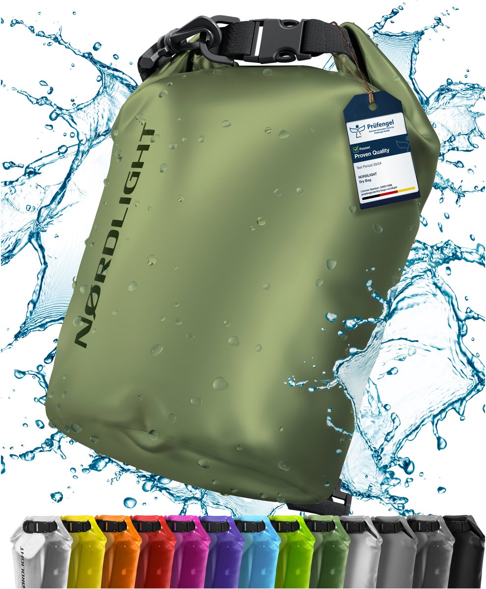 NORDLIGHT Dry Bag en Waterdichte Tas - (10L, Olijfgroen) Waterdichte verpakkingstas met rolsluiting en schouderband | Zwemmen, strand, kanoën, staand peddelen, duiken