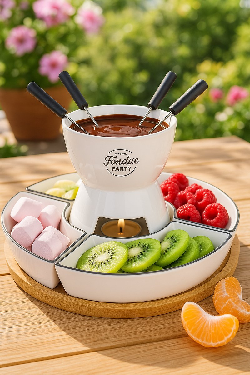 Fondue Set voor 4 Personen – Bamboe en Porselein – Inclusief Schalen en Vorkjes – 30 x 30 x 19 cm – foto 5