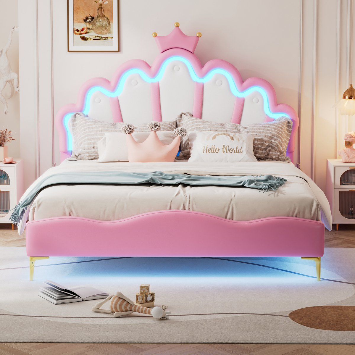 140 x 200cm tweepersoonsbed - kroonvormig prinsessenbed - PU-lederen bekleding - verstelbare LED-omgevingslichtstrip - roze - zonder matras