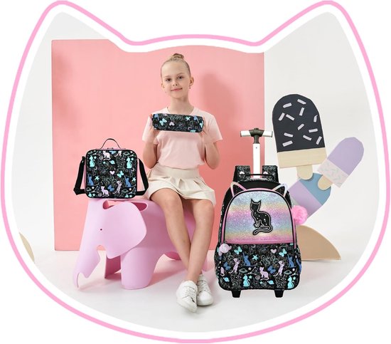 HTgroce Schooltas met wieltjes voor meisjes, rugzak met wieltjes, middelbare school, inclusief lunchtas en etui, Geel, 42cm x 29cm x 17cm, Reizen