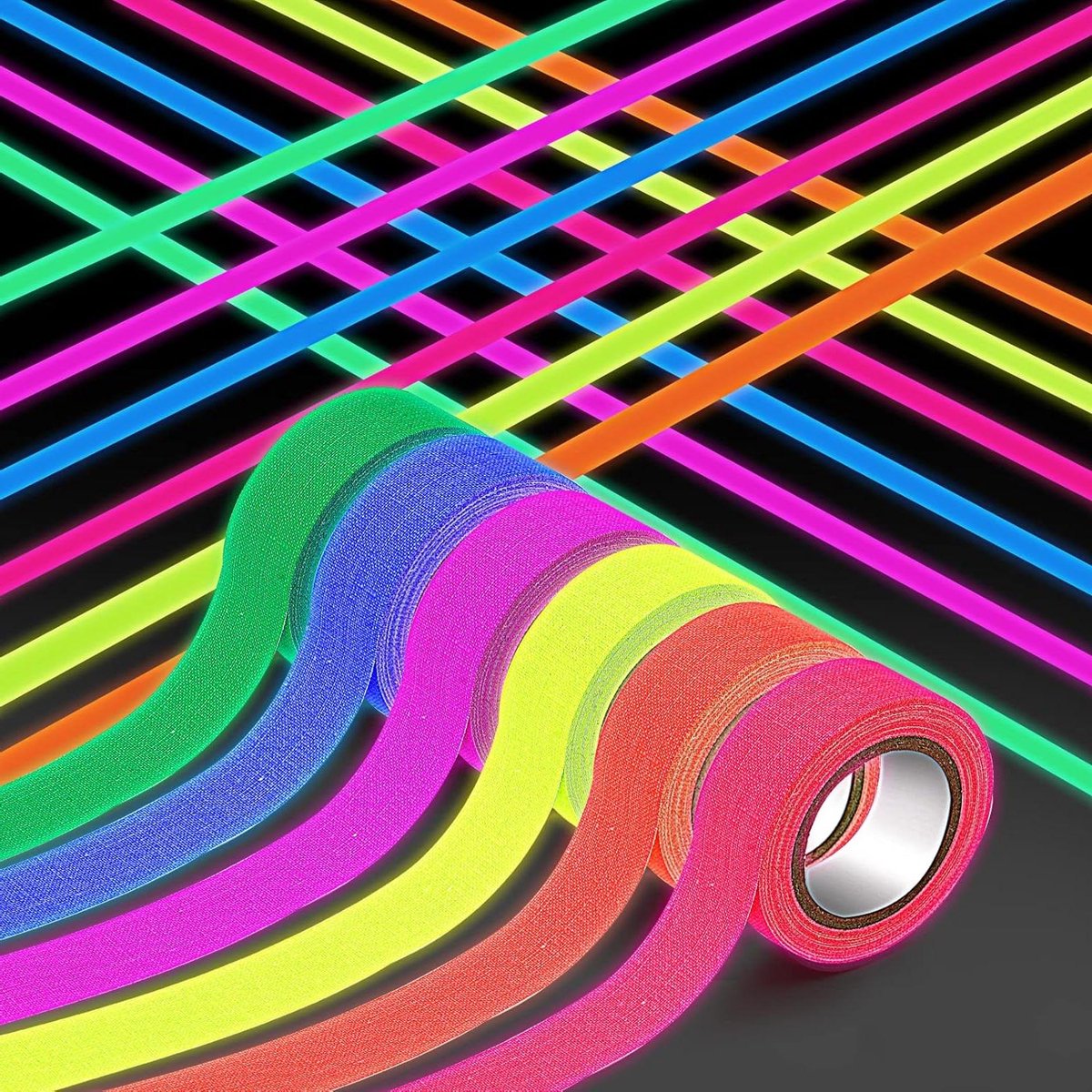6 rollen fluorescerend plakband in 6 kleuren - Glow in the Dark lichtband voor feestaccessoires met blacklight (5 m x 15 mm)