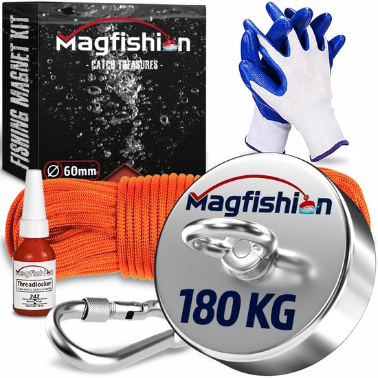 Magfishion Magneetvissen Set - 180 KG - Vismagneet - 20 Meter Lang Touw + Karabijnhaak met Schroefsluiting - Handschoenen - Borgmiddel - Magneetvissen Starterspakket - Magneet Vissen - Outdoor