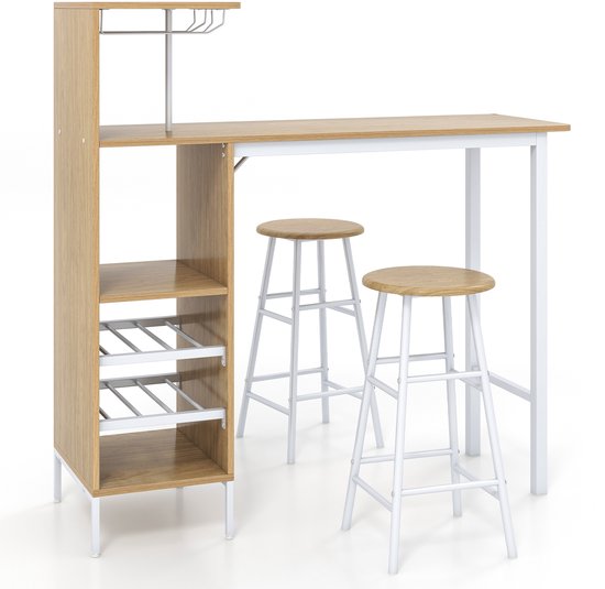 Foto: Costway bartafels met houders voor wijnglazen en flessen keukentafel met barkruk aanrecht voor woonkamer eetkamer en keuken vintage bruin set van 3