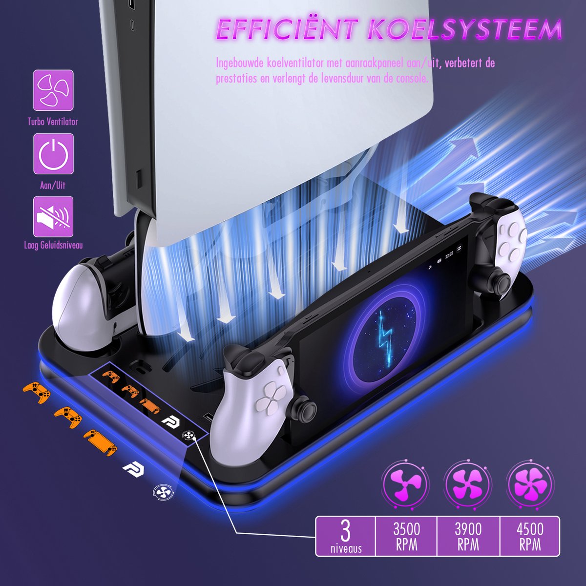 PlayCool all-in-one Multifunctionele RGB Oplaadstation- en Displaystandaard Geschikt voor PlayStation 5/ PS5 Slim/ PS5 Pro (Disc & Digital) & PlayStation Portal (incl. Screen Protector) - DualSense (Edge) controller – foto 2