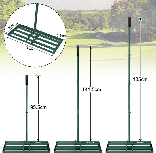 Aufun gras egaliseer rake leveling rake golf profi roestvrij staal nivellering hark met verstelbare steel voor golfbaan, tuin en hof (25×75 cm, groen) van Aufun — afbeelding 5