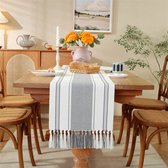 Bohemian katoenen en linnen tafelloper met kwastjes - 35x200cm Eenvoudig dik geruit geweven tafelkleed - Dagelijks tafelkleed - Zacht en duurzaam - Wasbaar - Perfect voor boerderijfeesten, buiten, bruiloften, feestdagen