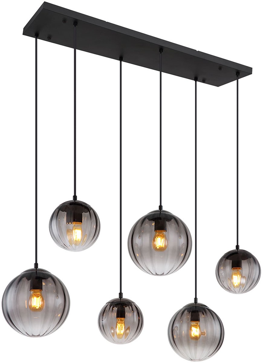 Globo - hanglamp - Dallerta - zwart - glas smoke glas - grote eettafellamp - E27 - 15216-6