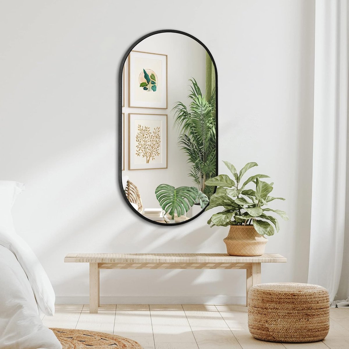 SERALUXE Wandspiegel 100 x 50cm Zwart - Ovaale Hal Spiegel - Badkamer Spiegel - Passpiegel -Klassiek Oval - Ovaale Spiegel - Moderne Spiegel - Wandspiegel Met Haken - Kleedkamer - Slaapkamerspiegel - Metaal - Hangspiegel - Luxe Interieur - Woonen