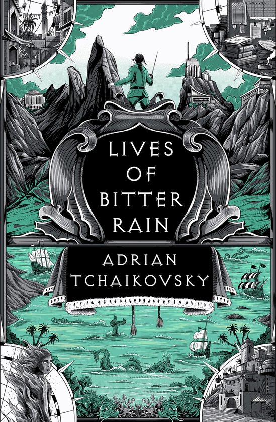 Couverture du livre 'Lives of Bitter Rain' par Adrian Tchaikovsky, représentant une scène stylisée de montagnes, voiliers et monstres marins.