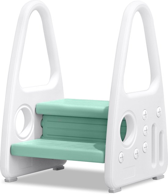 Escabeau pour enfants, tour d'apprentissage à 2 niveaux, tabouret pour enfants, escabeau pour tout-petits, tabouret debout en plastique, structure pyramidale sûre, cuisine, chambre d'enfants, salle de bain, vert