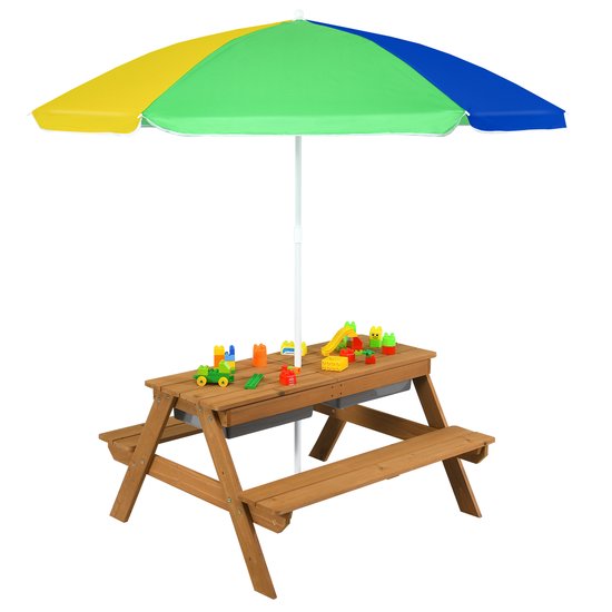 COSTWAY 2-in-1 kinderzitset met parasol, 3 afneembare bakken, picknicktafel en tuinmeubelen voor tuin en achtertuin