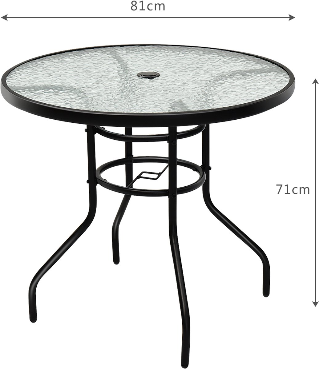 COSTWAY Tuintafel met parasolgat, 80 x 80 x 71 cm, terrastafel met tafelblad van gehard glas en metalen frame, ronde balkontafel, outdoor-eettafel voor terras, tuin, balkon thumbnail 5