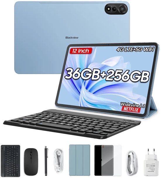 Blackview MEGA 2 Android 15 Tablet 12 inch - 36GB RAM+256GB ROM, 2K FHD Gaming Tablet met Toetsenbord, Muis, Stylus en Hoofdtelefoon, 4G LTE+5G WiFi, 9000 mAh Accu, WideVine L1, Dual Camera, Face ID, GPS, Hoes -Blauw
