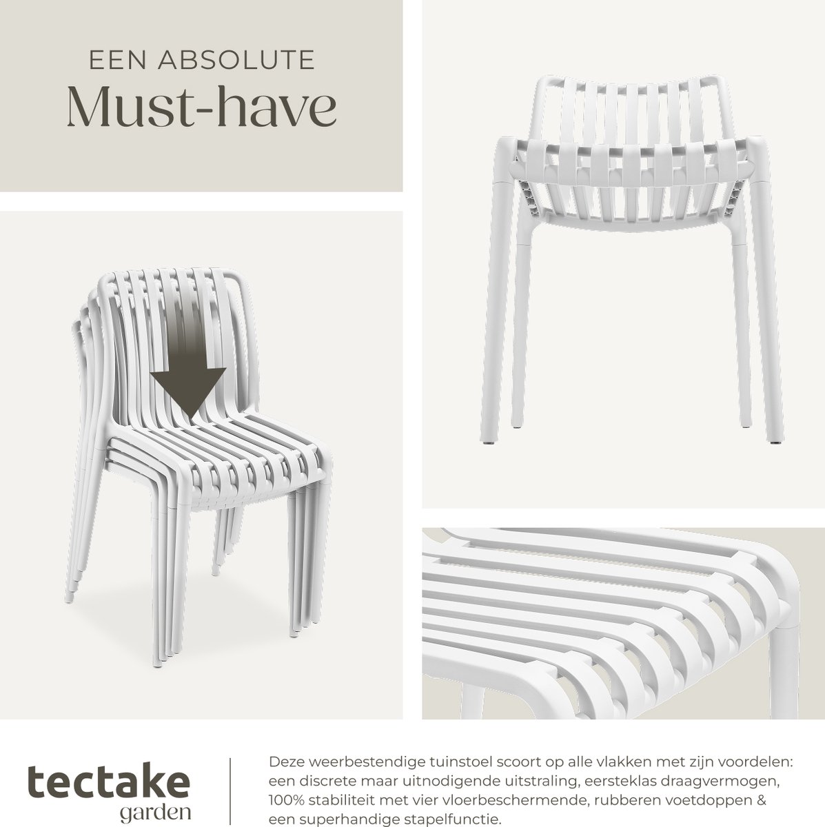 tectake® Set van 2 Tuinstoelen Alcudia - Creme - Kunststof Stoelen - Stapelbaar - Stoelen voor Tuin, Terras of Balkon - Weerbestendig en UV-bestendig - Draagkracht 120kg per Tuinstoel – foto 4