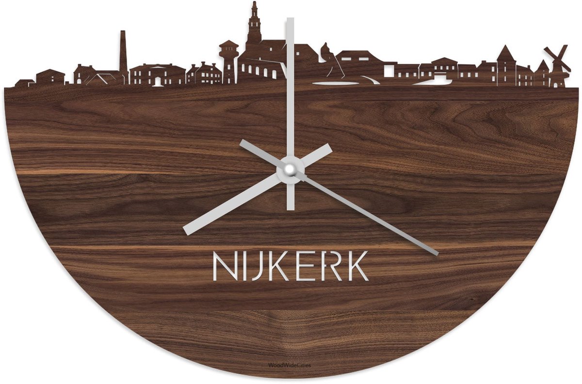 Skyline Klok Nijkerk Notenhout - Ø 40 cm - Stil uurwerk - Wanddecoratie - Meer steden beschikbaar - Woonkamer idee - Woondecoratie - City Art - Steden kunst - Cadeau voor hem - Cadeau voor haar - Jubileum - Trouwerij - Housewarming - WoodWideCities