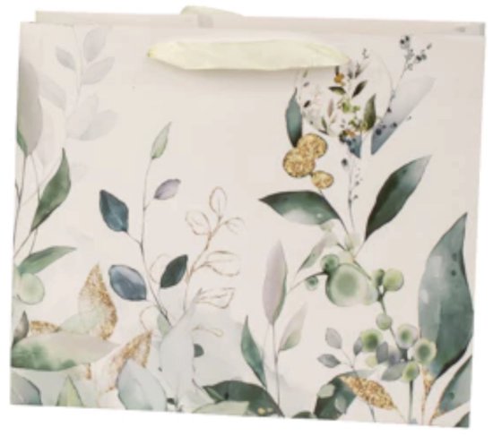 Cadeautas - Grote luxe Geschenktas - Cadeauzak - Geschenkzak - Groene Bladeren - 31x12x26cm - Liggend