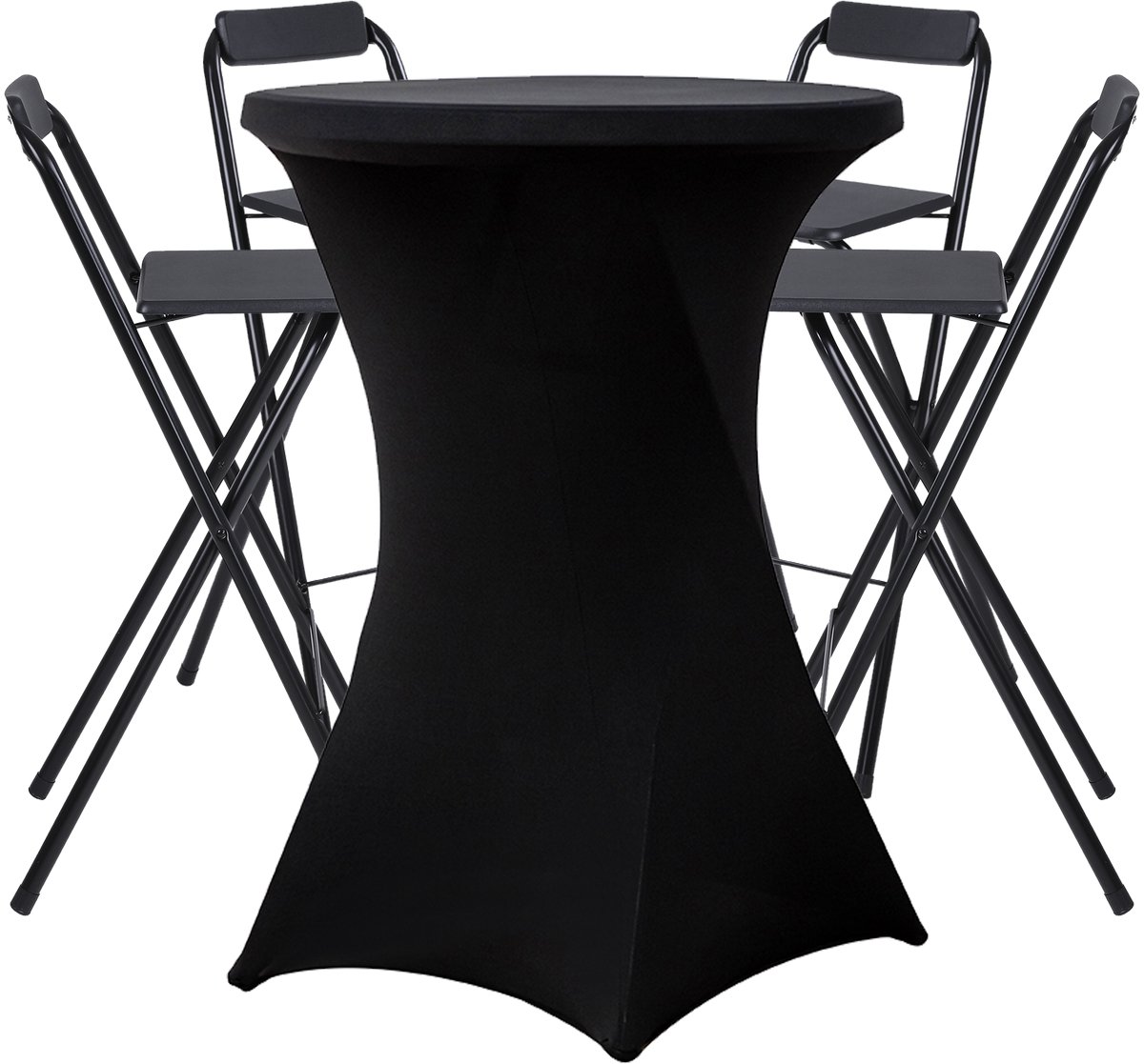 4x Inklapbare barkruk + 1x Statafel Zwart incl. zwarte rok - Opklapbaar - Met voetsteun - Cocktailtafel - Met statafelrok zwart - Alora - Zwart - beurs