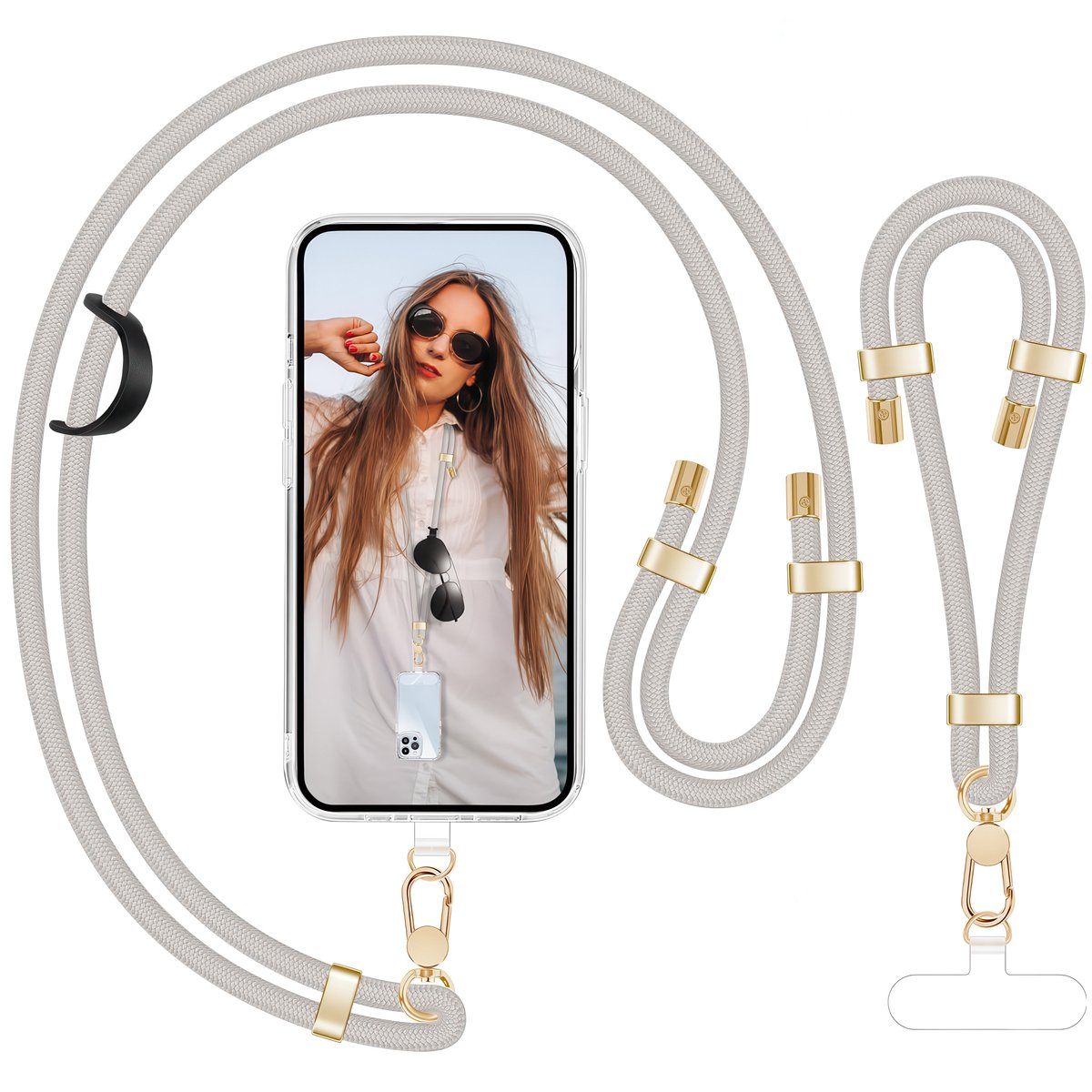 Luxe Nek & Pols Telefoonkoord Set met Bevestigingsplaatjes - Universeel GSM Lanyard Keycord Strap Verstelbaar - Crosssbody Sleutelkoord Telefoonketting - Telefoon Koord Sleutelhanger - Keykoord Pashouder - Phone Ketting Cord - Licht Grijs Nekkoord