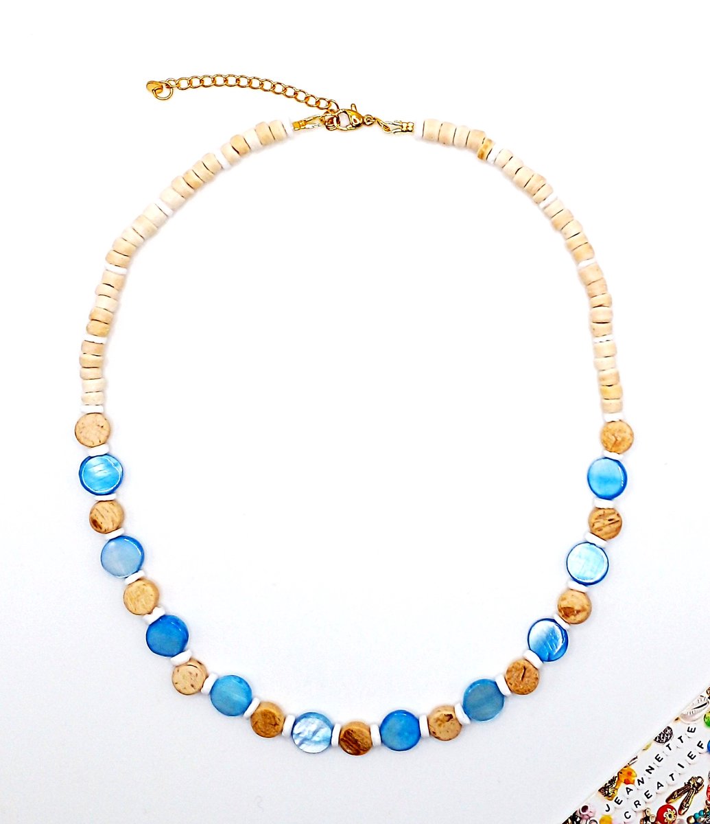Jeannette-Creatief® - Bleu Circle Shell - Shell - Dames Ketting - Disc Schelpen - Kokos