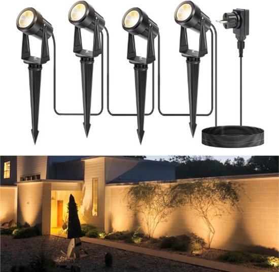 SWANEW Tuinverlichting, Tuinlampen met grondpen, 4W GU10 LED-tuinspot 3000 K warmwit, IP65 Waterdichte Laagspanning-Tuinspot met Stekker voor Tuin, Gazon,Terras, Trottoir, Boom,Set van 8