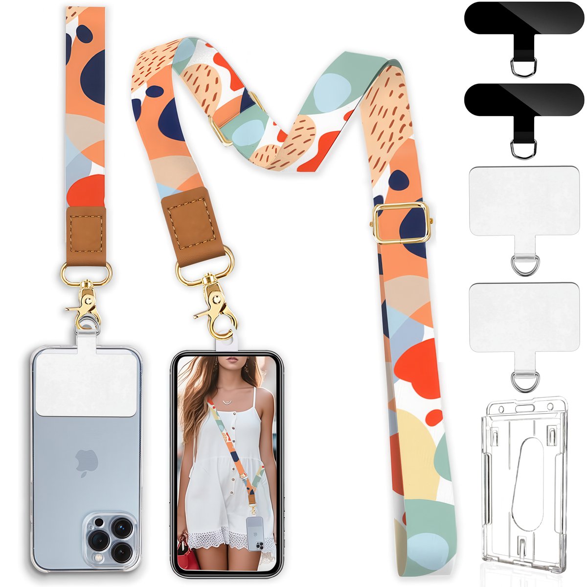 Nek & Pols Telefoonkoord Set met 4 Bevestigingsplaatjes & Transparant Badgehouder - Crossbody Keycord Sleutelhanger - Universeel GSM Lanyard - - Sleutelkoord Telefoonketting - Telefoon Koord - Keykoord Pashouder - Phone Ketting/Cord - Nekkoord Strap