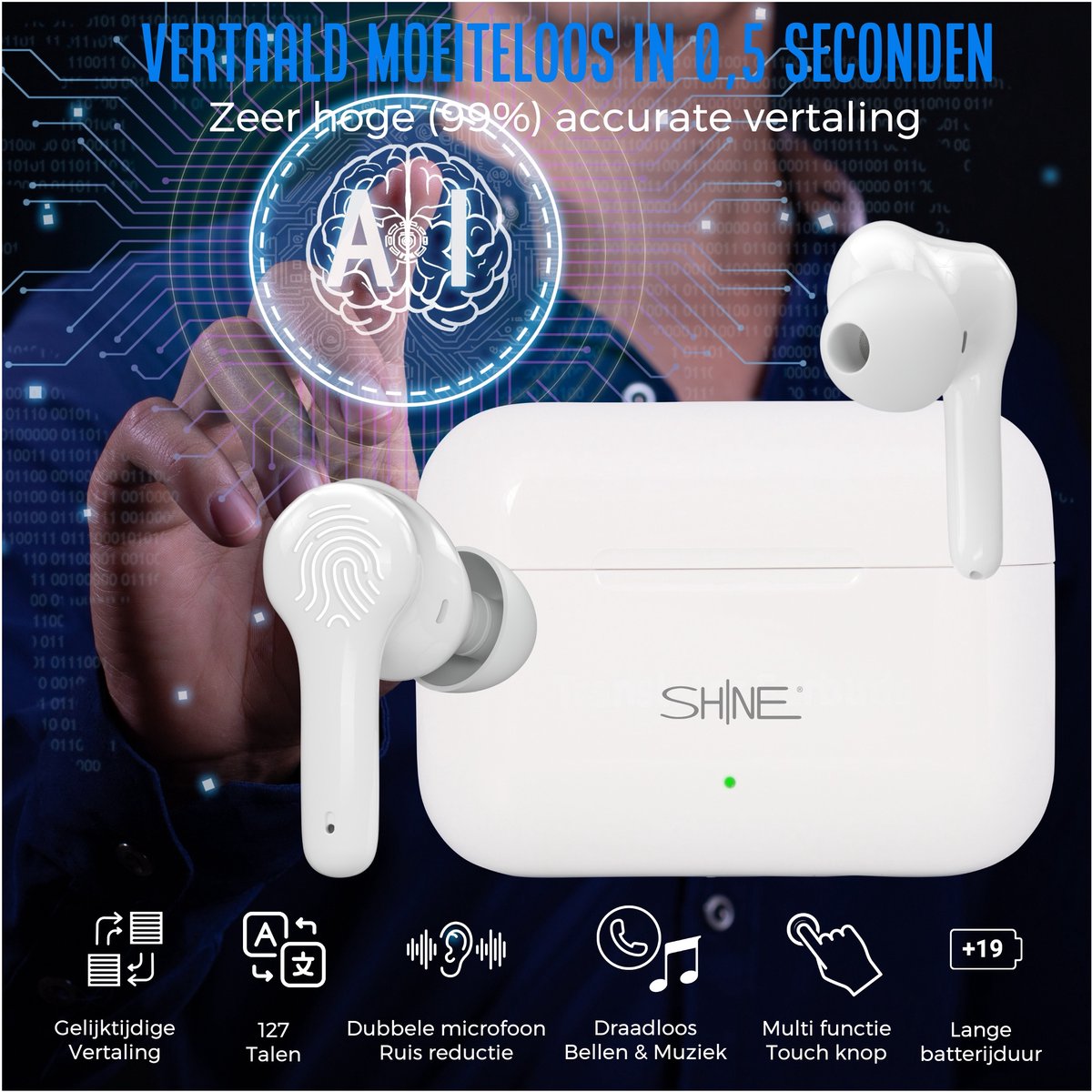Afbeelding 2 van Shine Vertaalcomputer - Vertaal apparaat met spraak - Draadloze Oordopjes met Vertaalfunctie - Environmental Noice Cancelling - AI Vertaler - Translator - Vertaler voor 127 Talen en 97% Accuraat - 24 Uur Batterij - Wit