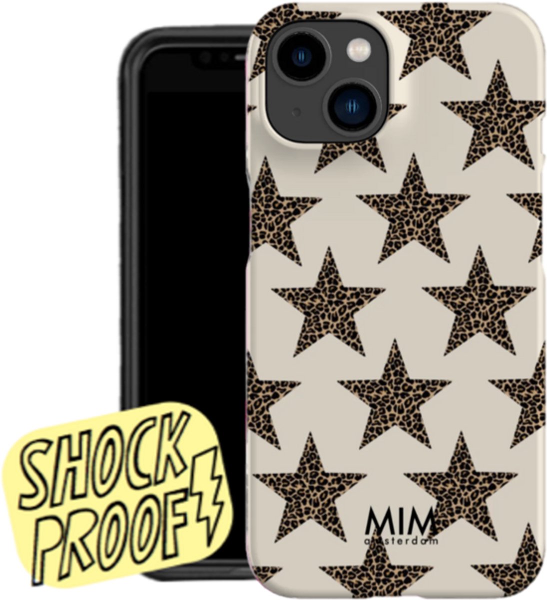 MIM Amsterdam - Starstruck- Geschikt voor iPhone 16 - beige telefoon hoesje - Panter print telefoonhoesje - sterren telefoonhoesje - Shockproof case - Tiktok viral case