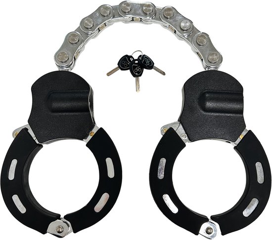 Zwarte handboei-achtige fietssloten met een zilveren ketting en twee sleutels.