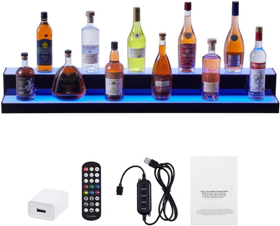 LED Verlichte Liquor fles Display, 2-tier 48 inch Verlichte Commerciële Home Bar Rack, 2-tier Whisky Plank Staan, Acryl Drank Planken met RF-Afstandsbediening