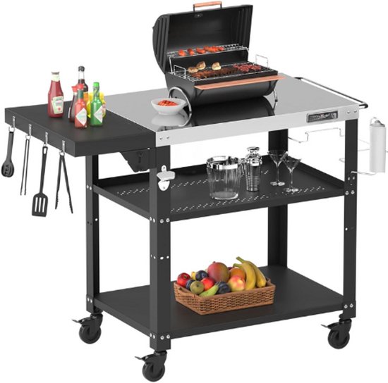 only fire Beweegbare Eetkar Tafel, BBQ Opbergkast met Wielen en Zijplank voor Patio Keuken Eiland, Achtertuin Grillen