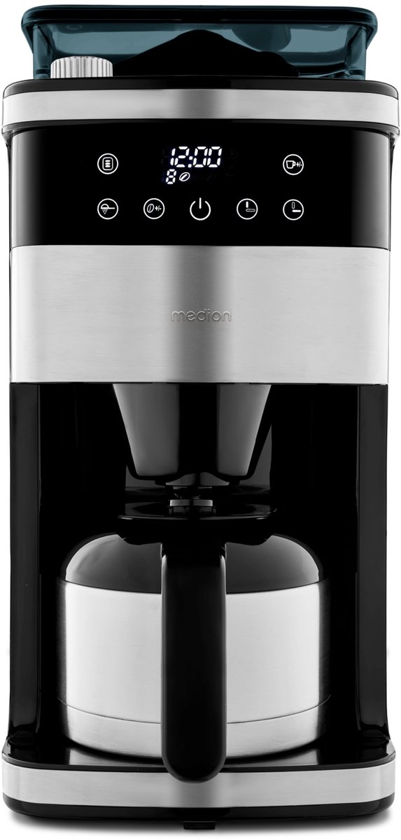 MEDION koffiezetapparaat met molen en thermoskan (1 liter, max. 8 kopjes, 8 maalinstellingen, max. 1000 watt, timer, LED-display, druppelstop, permanent filter, MD19911)