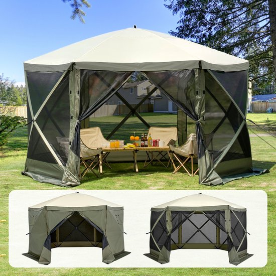 Pop-up Paviljoentent, 6-Zijdig Zonnescherm met Verwijderbare Privacypanelen en Gaasramen, 12x12FT Snel Opzetbare Schermtent met Muskietennet, Legergroen van Merkloos — afbeelding 3
