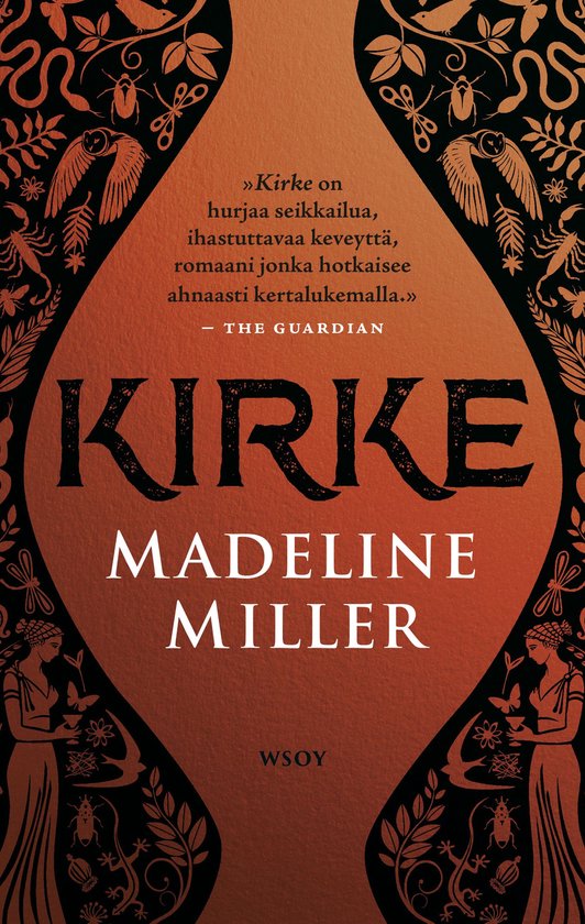 Couverture du livre Kirke de Madeline Miller, avec des bordures noires ornées de plantes, d'insectes et de figures, et une lueur orange au centre avec le titre et le nom de l'auteur.