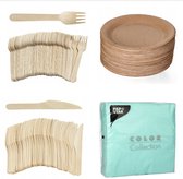 400 x stuks x Houten wegwerp bestek set bio/eco/milieubewust - 100 Vorken/ 100 messen/100 borden + 100 bio servetten munt 33x33cm