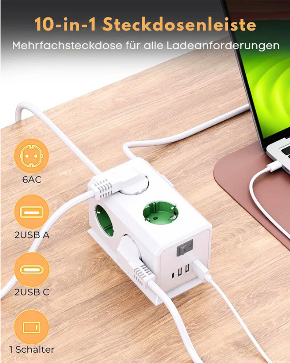 Barre d'alimentation Designer à 2 prises et 2 ports USB 6 pi noir