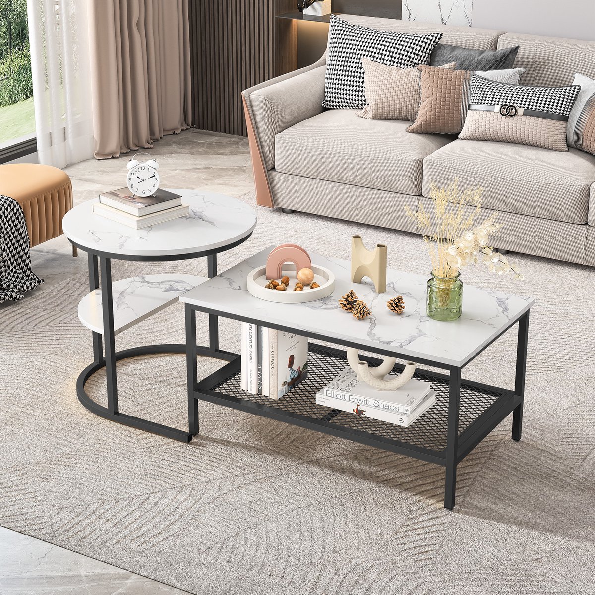 Salontafel, set van 2, bijzettafel, marmerlook met metalen frame en plank(Zwart rechthoek)