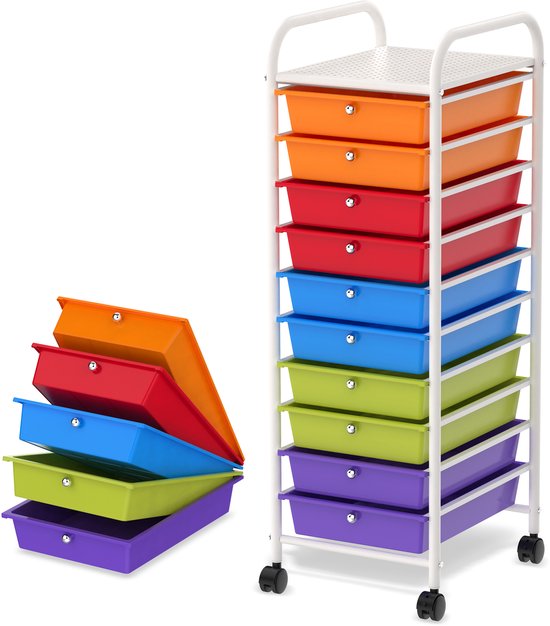 Yaheetech Carro de Almacenamiento con 15 Cajones Carrito Auxiliar de Plástico con 6 Ruedas con Frenos para Cuarto de Baño Dormitorio 63x37x91cm Blanco