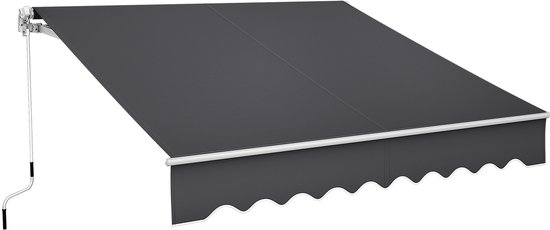 Store banne gris foncé 300x250cm avec bordure festonnée, cadre en aluminium et manivelle.