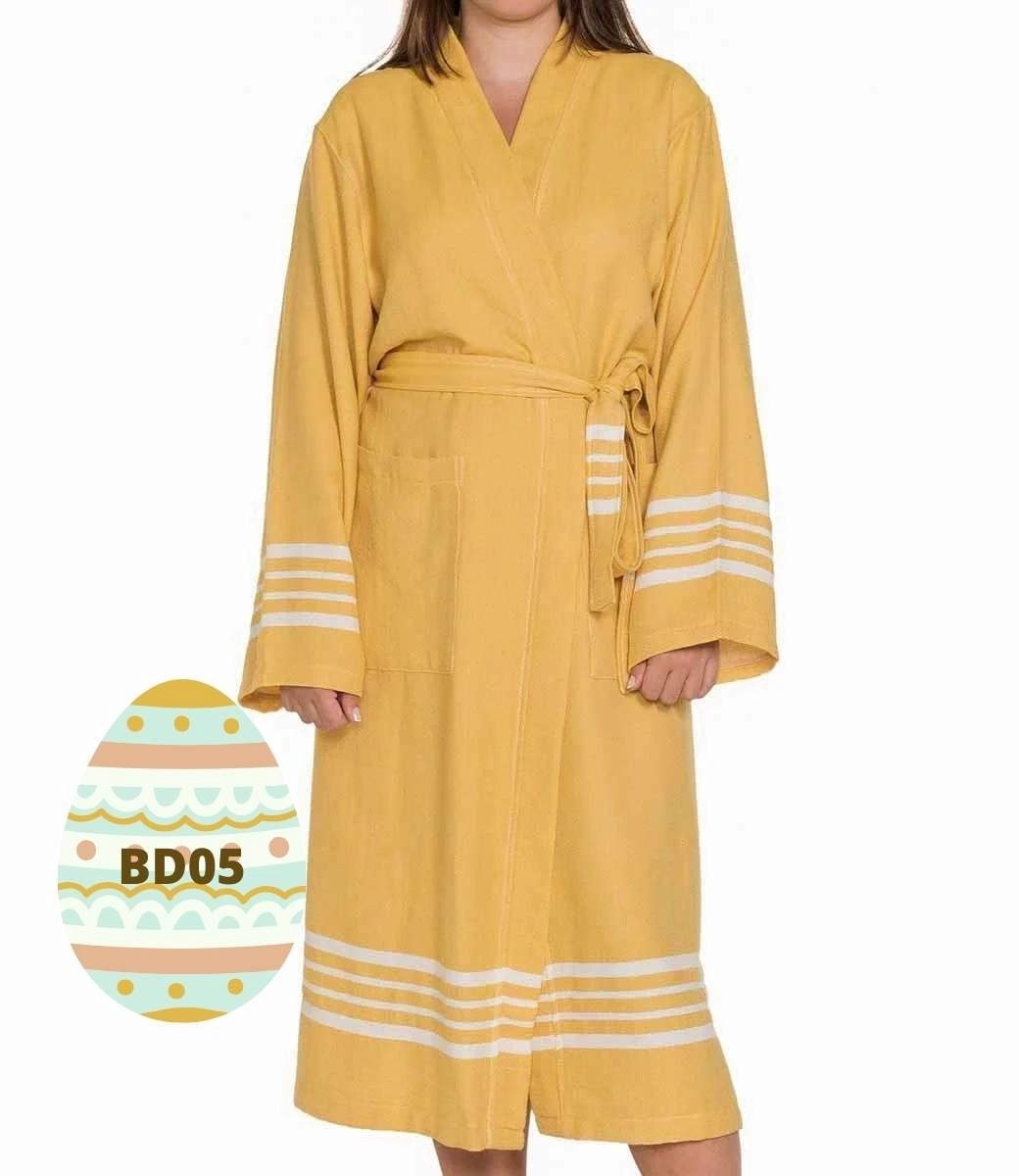 Lalay - hamam badjas Krem Sultan - mustard yellow - M - dames heren badjas - sauna badjas - dunne badjas - 100% gekamd katoen