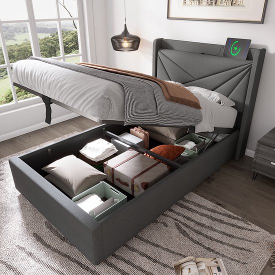 Lit simple rembourré avec espace de rangement sous le lit et tête de lit chargeur USB Type C, lits de rangement cadre de lit en matière lin lit jeune 90x200 avec sommier à lattes (sans matelas) gris