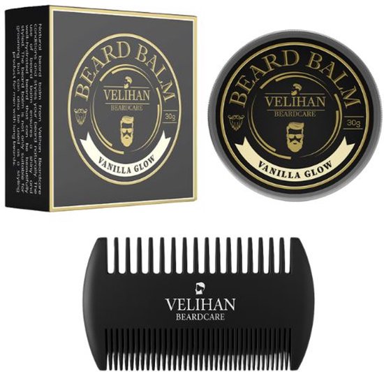 Velihan Beardcare baardbalsem "Vanilla Glow" 30g, verpakking en kam.