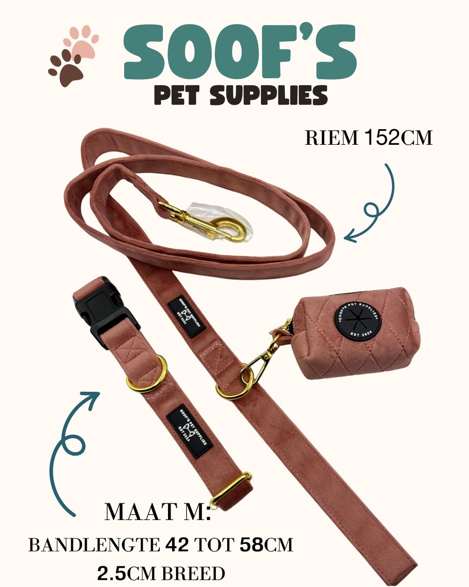 Complete set halsband, riem en poepzakhouder - Volledige hondenset - Soof's Pet Supplies - Maat M Roze - Nekomvang: 42 t/m 58 cm Hondenhalsband en lijn - Halsband en riem voor hond - Hondenbenodigdheden
