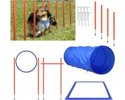 Aufun Behendigheidsset voor Honden - Trainingshindernissen - Hondentunnel - Gevlochten Palen - Springring - Hindernisstang - in Hoogte Verstelbaar - Conische Tonnen incl. Draagtas