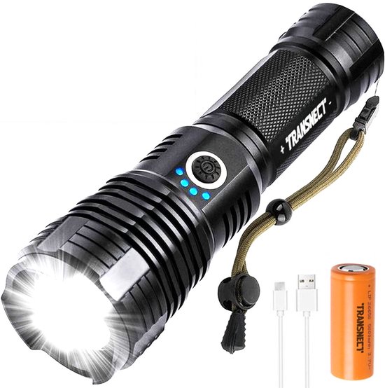 TRANSNECT Zaklamp LED Oplaadbaar - 2800 Lumen - inclusief 26650 en batterijen kabel - USB oplaadbaar - waterdicht - voor camping, fishing, emergency