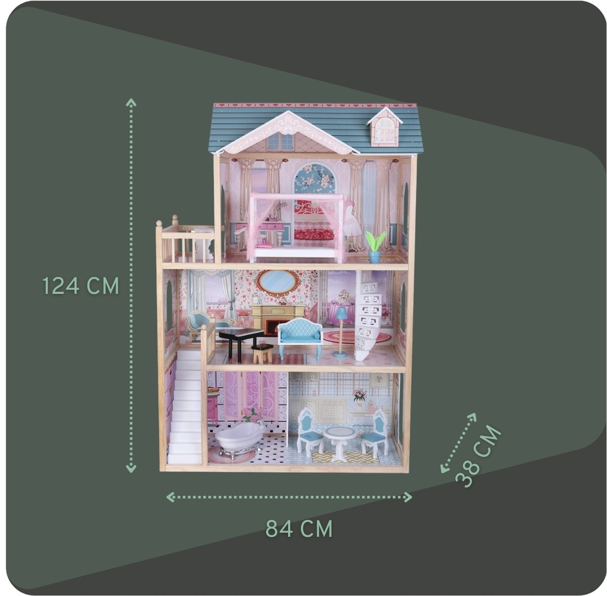 Bandits & Angels Houten Poppenhuis Sweet Country House vanaf 3 jaar 124 cm hoog Roze/Blauw - Inclusief 11 Meubeltjes - Geschikt voor grotere poppen - Poppen Huis - Poppen Meubels — afbeelding 4