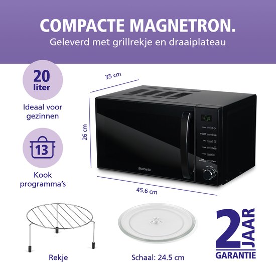 Zwarte Brabantia magnetron met afmetingen 45.6 x 35 x 26 cm, inhoud 20 liter, inclusief grillrek en draaiplateau.