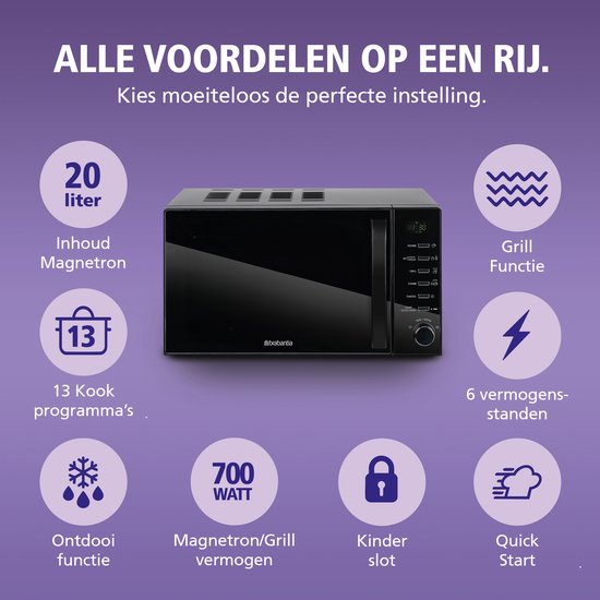 Overzicht van de kenmerken van de zwarte Brabantia magnetron: 20L inhoud, grillfunctie, 6 vermogensstanden, ontdooifunctie, 700W, kinderbeveiliging, snelle start.
